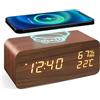 ThreeH Orologio Sveglia Carica Senza Fili: Schermo Legno LED Temperatura/Umidità 3 Allarmi Personalizzabili Studio/Camera da letto