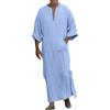 Generic Caftano da uomo Thobe a maniche lunghe, scollo a V, tessuto di lino, vestibilità casual, taglie grandi e alte, adatto come accappatoio o abito da notte, 1b-azzurro, 4XL