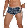 FEOYA Pantaloni caldi da uomo in denim con cinturino laterale a vita bassa, sexy, pantaloncini da discoteca, orlo grezzo sfilacciato, mini pantaloncini in denim con ritaglio estivo per feste, club