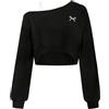 Remidoo Top con spalle scoperte da donna felpa corta a maniche lunghe top asimmetrico patchwork camicia, Fiocco Nero, M