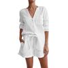 Generisch Camicetta estiva da donna, in mussola e pantaloncini, in cotone, per la spiaggia, le vacanze, per il tempo libero, con tasche, tinta unita, elegante abito primaverile, bianco, M