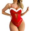 HOTSO Set Lingerie Natalizia Donna Babydoll Sexy Birichino Intimo Babbo Natale Pigiama Natalizio in Rete Pizzo Trasparente Abiti Cosplay Costume Camicia Notte Senza Schienale Set Rosso Body con Fiocco