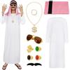 BSBUY Vestito Arabo Uomo, Carnaval Costume Arabo Sceicco per un Uomo, 10PZ Costume Sceicco Arabo con Turbante, Barba, Occhiali, Vestito da Sceicco Adulto Veste Bianca, per Halloween, Feste, Cosplay