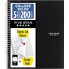 Five Star Quaderno a spirale + app per studio, 5 soggetti, carta a righe universitaria, combatte lo spurgo dell'inchiostro, copertina impermeabile, 200 fogli, colore nero (72081)