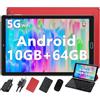 SUAAT 2026 Tablet Android Octa Core da 10 pollici con 64 ROM + 2 TB TF | 5G + 2.4G WiFi | FHD | GMS | Bluetooth 5.0 | 8 MP + 5 MP | Tipo C, Tablet Touch con custodia, tastiera e mouse - Rosso