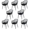 PPkrimnel Set di 8 sedie da sala da pranzo con schienale moderno geometrico in plastica con gambe in metallo, sedie da giardino per esterni, sedie da pranzo con braccioli, per balcone, nero