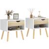 HOMCOM Set di 2 Comodini Moderni con Cassetto e Mensola, Base Rialzata e Gambe in Legno, 50x39x51cm, Bianco e Rovere