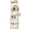 Yaheetech Albero Tiragraffi per Gatti XXL Alto 210 cm a 6 Livelli Beige | 2 casette grande, 9 pali in sisal, piattaforma ampia, lunga amaca, cestino e giochi appesi per gatti taglia piccola/medi