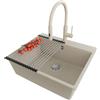 PRIMAGRAN Lavandino da Cucina al Mobile 60cm + Rubinetto, 58x50cm | Set: Rubinetto BW6030 + Kit di scarico + Scolapasta avvolgibile + Lavello in Granito a 1 Vasca - Riga, Beige