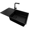 PRIMAGRAN Lavandino da Cucina al Mobile 60cm + Rubinetto, 90x50cm | Set: Rubinetto BW3010 + Kit di scarico + Lavello in Granito a 1 Vasca - Copenhagen Top, Tutto Nero