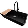 PRIMAGRAN Lavandino sottotop al Mobile 90cm + Rubinetto, 86x47cm | Set: Rubinetto BW6030 + Kit di scarico + Tagliere + Lavello in Granito a 1 Vasca - Prague 90 Level, Nero
