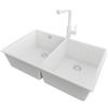 PRIMAGRAN Lavandino sottotop al Mobile 80cm + Rubinetto, 76x47cm | Set: Rubinetto BW3010 + Kit di scarico + Lavello in Granito a 2 vasche - London Twin, Tutto Bianco
