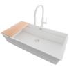 PRIMAGRAN Lavandino sottotop al Mobile 90cm + Rubinetto, 86x47cm | Set: Rubinetto BW6030 + Kit di scarico + Tagliere + Lavello in Granito a 1 Vasca - Prague 90 Level, Tutto Bianco