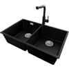 PRIMAGRAN Lavandino sottotop al Mobile 80cm + Rubinetto, 76x47cm | Set: Rubinetto BW3010 + Kit di scarico + Lavello in Granito a 2 vasche - London Twin, Nero