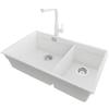 PRIMAGRAN Lavandino sottotop al Mobile 80cm + Rubinetto, 76x47cm | Set: Rubinetto BW3010 + Kit di scarico + Lavello in Granito a 2 vasche - Prague Duo Level, Bianco