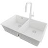 PRIMAGRAN Lavandino da Cucina al Mobile 80cm + Rubinetto, 76x47cm | Set: Rubinetto BW9070 + Kit di scarico + Lavello in Granito a 2 vasche - London Twin Slim, Tutto Bianco