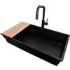 PRIMAGRAN Lavandino sottotop al Mobile 90cm + Rubinetto, 86x47cm | Set: Rubinetto BW9070 + Kit di scarico + Tagliere + Lavello in Granito a 1 Vasca - Prague 90 Level, Tutto Nero