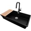 PRIMAGRAN Lavandino sottotop al Mobile 90cm + Rubinetto, 86x47cm | Set: Rubinetto BW9070 + Kit di scarico + Tagliere + Lavello in Granito a 1 Vasca - Prague 90 Level, Nero