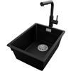 PRIMAGRAN Lavandino sottotop al Mobile 40cm + Rubinetto, 36x47cm | Set: Rubinetto BW3010 + Kit di scarico + Lavello in Granito a 1 Vasca - Prague Level, Nero