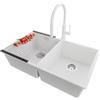 PRIMAGRAN Lavandino da Cucina al Mobile 80cm + Rubinetto, 76x47cm | Set: Rubinetto BW6030 + Kit di scarico + Scolapasta avvolgibile + Lavello in Granito a 2 vasche - London Twin Slim, Bianco