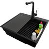 PRIMAGRAN Lavandino da Cucina al Mobile 60cm + Rubinetto, 58x53cm | Set: Rubinetto BW3010 + Kit di scarico + Lavello in Granito a 1 Vasca - Oslo Max Step, Tutto Nero