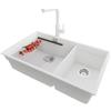 PRIMAGRAN Lavandino sottotop al Mobile 80cm + Rubinetto, 76x47cm | Set: Rubinetto BW3010 + Kit di scarico + Scolapasta avvolgibile + Lavello in Granito a 2 vasche - Prague Duo Level, Bianco