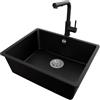 PRIMAGRAN Lavandino sottotop al Mobile 60cm + Rubinetto, 56x44cm | Set: Rubinetto BW3010 + Kit di scarico + Lavello in Granito a 1 Vasca - Venezia Easy, Nero
