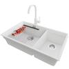 PRIMAGRAN Lavandino sottotop al Mobile 80cm + Rubinetto, 76x47cm | Set: Rubinetto BW5010 + Kit di scarico + Scolapasta avvolgibile + Lavello in Granito a 2 vasche - Prague Duo Level, Bianco