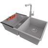 PRIMAGRAN Lavandino sottotop al Mobile 80cm + Rubinetto, 76x47cm | Set: Rubinetto BW3010 + Kit di scarico + Scolapasta avvolgibile + Lavello in Granito a 2 vasche - London Twin, Grigio