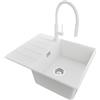 PRIMAGRAN Lavandino Angolare al Mobile 45cm + Rubinetto, 62x50cm | Set: Rubinetto BW6030 + Kit di scarico + Lavello in Granito a 1 Vasca - Copenhagen, Bianco