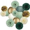 Tazuxetuqe 15 pezzi decorazioni per feste in verde salvia e dorate lanterne di carta sospese e pompon di carta velina per matrimonio boho, compleanno Wild One, festa per bebè e