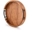 Indus Lifespace Vassoio rotondo in legno di acacia, stile rustico, per tavolino, ottomana, bevande, colazione, con 2 manici in ferro nero (30,5 x 30,5 x 4,1 cm)