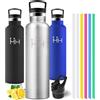 Motswedi Borraccia Termica 1 litro, con Cannuccia, Bottiglia Termica, Borraccia Acciaio Inox, 6*Cannucce, per Bevande Calde e Freddo per Campeggio, Palestra, Ciclismo, Colore Naturale