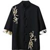 Generisch Camicia di lino stile cinese uomo tradizionale tangzhuang cotone lino canapa abbigliamento estivo tang stile camicia arti marziali kung fu tai chi abbigliamento da allenamento casual camicia, Nero