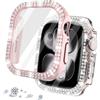 DEALELE Confezione da 2 custodie in vetro temperato compatibile con Apple Watch Series 11/10 (42 mm), custodia protettiva a doppia fila con diamanti e pellicola protettiva in vetro temperato (rosa e