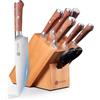 YOTSUBA Set di 8 coltelli da cucina giapponesi con blocco, coltelli da chef professionali estremamente affilati, in acciaio al carbonio di alta qualità, con manico ergonomico in palissandro naturale