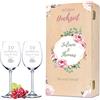GRAVURZEILE Leonardo - Bicchieri da vino con incisione, motivo matrimonio con rose, personalizzabili con nome e data, con scatola di legno, regalo per matrimonio, fidanzamento, anniversario, colore Daily