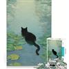 JIANGENNF Puzzle da 1000 pezzi per adulti raffigurante un gatto nero in uno stagno di ninfee, decorazione da parete, difficile, compleanno e Natale 38x26cm