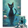 JIANGENNF Puzzle da 1000 pezzi per adulti, gatto nero tra le ninfee, giocattolo fai-da-te, interazione genitore-figlio, rafforza l'amore tra le coppie 38x26cm