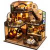 Spilay Casa in miniatura, Fortunate Encounter Cafe DIY Miniature House Kit con luce LED, scatola musicale e copertura antipolvere, puzzle in legno 3D, casa delle bambole in legno, modello regalo per