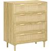 HOMCOM Cassettiera 4 Cassetti Stile Boho, Comò in Legno e Rattan per Camera da Letto e Ingresso, 90x45x108.5cm, Rovere