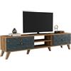 Dmora - Mobile porta TV Atlux, Credenza da soggiorno, Armadio basso per TV, Base parete attrezzata, 180x35 h44 cm, Noce e Blu