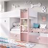 Dmora - Letto per bambini Cevedale, Cameretta completa con armadio e cassetti, Composizione letto a castello con due lettini singoli, 271x111h150 cm, Bianco e Rosa