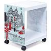 Dmora Tavolino-Comodino con Ruote, in Legno Bianco con Fantasia Londra, cm 38x33.5x46