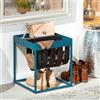 Dmora Tavolino in metallo verniciato color blu, con porta riviste in lana cotta, cm 35x35x40