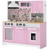 AIYAPLAY Cucina giocattolo in legno con accessori, macchina da caffè e lavello, Rosa | Aosom Italy
