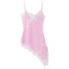 Zanisouta Abito da donna elegante in pizzo, casual, camisole bicolore con imbottitura sul petto, Y2k, bordo in pizzo, canotta crop top con spalline sottili, orlo in seta, per feste, in raso, O rosa