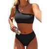 Pfreesea Set bikini da donna a vita alta, costume da bagno bestseller in 2 pezzi, a costine, monospalla, controllo della pancia, nero, S