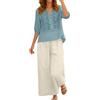 Generisch Tuta in lino da donna, estiva, 2 pezzi, elegante, per matrimonio, taglie grandi, 2 pezzi, in cotone e lino, camicetta con pantaloni, leggera, per il tempo libero, tinta unita, O azzurro, XL