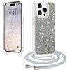 LCHULLE Glitter per iPhone 14 Pro Cover con Cordino Regolabile,Argento | Brillantini Custodia con Tracolla, Cover glitterata con Rimovibile Catena,Glitter Transparent TPU Bumper, Silicone Case